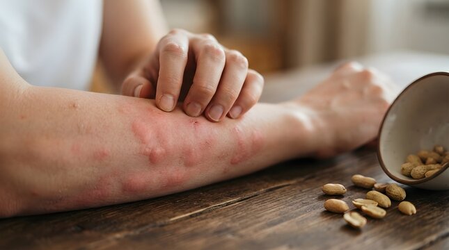 Allergy sufferer scratches itchy red skin rash after eating peanuts in the kitchen.