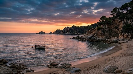 Obraz premium Lonely wooden boat in a quiet mediterranean cove at sunset