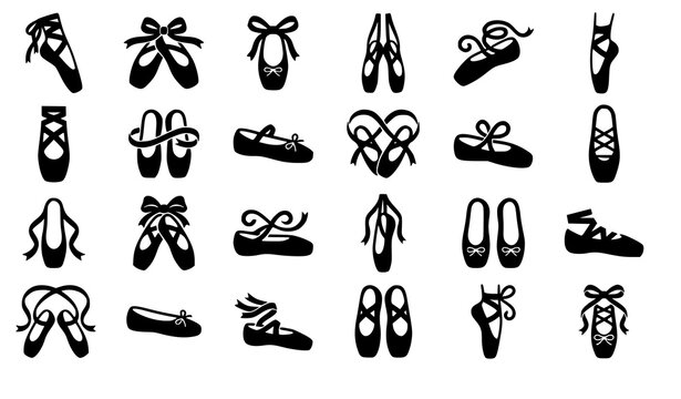 Ballet Shoes with Ribbon Laces Black Silhouette Vector Icon Set Isolated on White Background