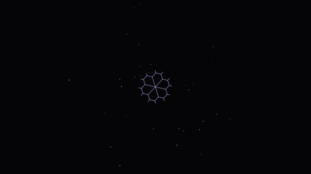 Abstract geometric snowflake rotating on black background with glowing particles