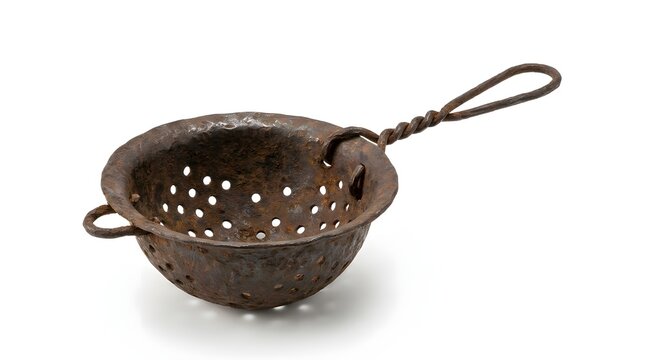 Antique rusted metal strainer with hand twisted wire handle isolated on white background for primitive kitchenware styling and historical culinary d&eacute;cor