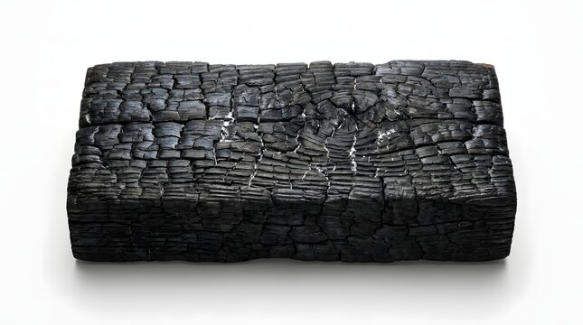 Charred timber block with deep burnt carbon texture isolated on white background for shou sugi ban architectural cladding and rustic interior design