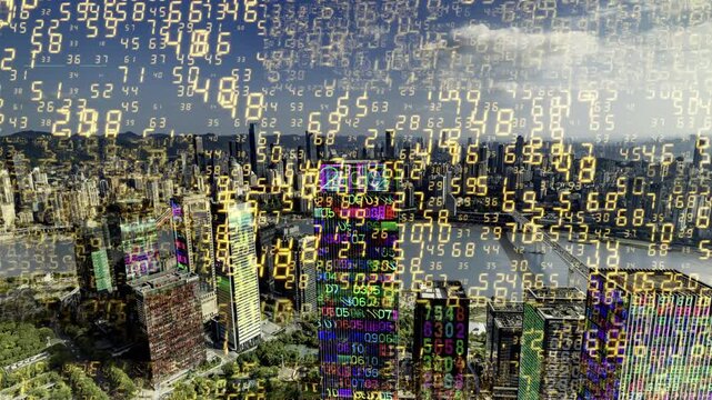chongqing cyberpunk city with overlayed code and data on the buildings