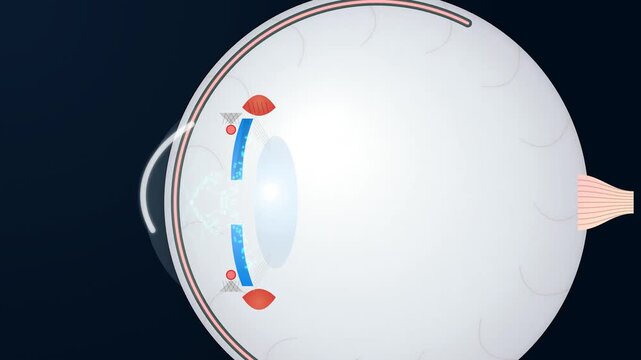 Animated educational visualization of the human eye showing the mechanism of glaucoma including aqueous humor production, elevated intraocular pressure, and optic nerve damage