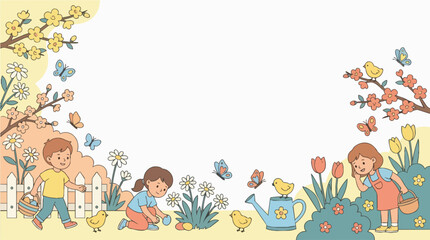 Fototapeta premium Charming Easter scene with children, chicks, butterflies, and spring blossoms, a joyful celebration of renewal and springtime activities, perfect for festive decorations and seasonal greetings