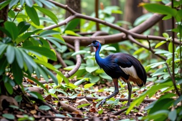 Obraz premium Crowned crane strolls among leafy vines and branches in forest floor