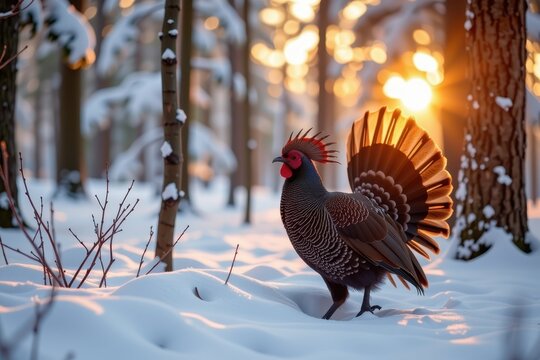Snowy forest scene features male wild turkey