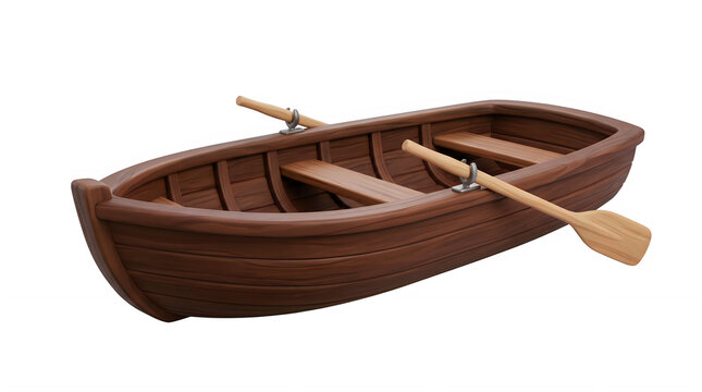 3D Wooden Rowboat with Oars Isolated on Black Background