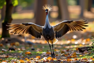 Obraz premium Crowned crane displays wings in sunlit woodland