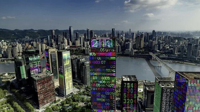 chongqing cyberpunk city with overlayed code and data on the buildings