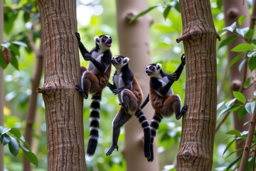 Fototapeta premium Four ring-tailed lemurs climb in forest with green foliage