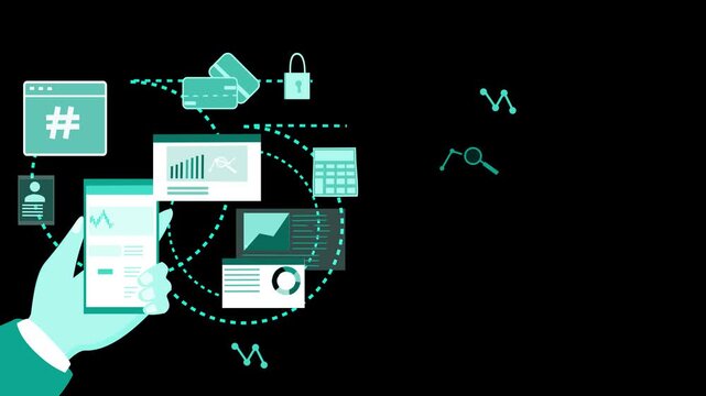 Hand holding smartphone with digital analytics icons animation