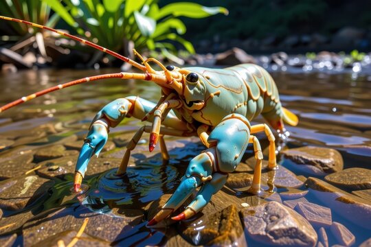 Freshwater crayfish with blue and orange claws near stones