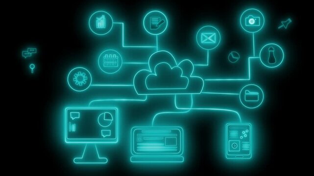 Neon glowing cloud computing network with devices animation