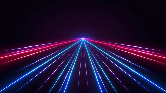 Converging neon blue and red laser light beams on black background