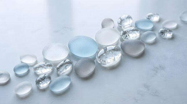 Collection of frosted glass pebbles and clear glass droplets on a white surface glass effect atone
