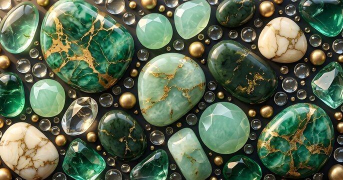 Emerald and gold gemstones with a glass effect luxurious jewelry background texture