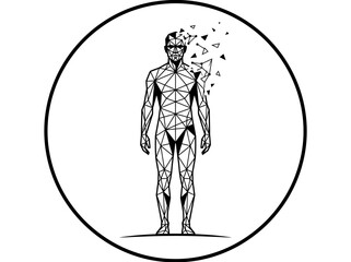 Obraz premium Low Poly Human Figure Dissolving in Circle, Minimalist Black and White Vector Art