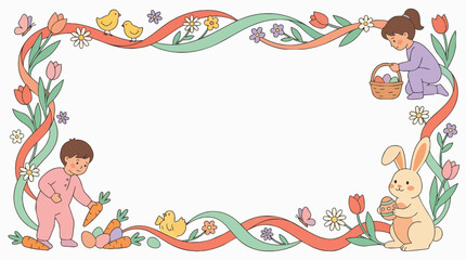 Fototapeta premium Charming Easter spring frame with children collecting colorful eggs, cute bunny, flowers, and ribbons