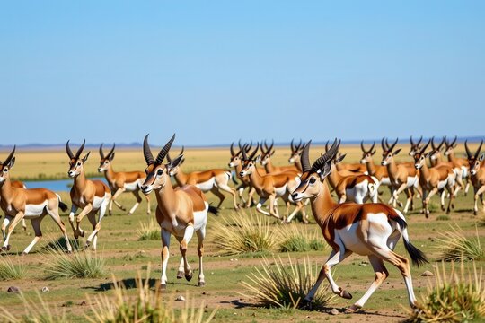 Springbok antelopes running across dry grassland under clear sky