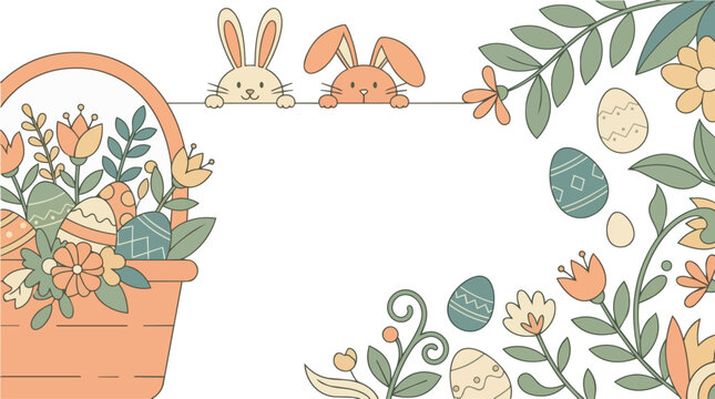 Pastel Easter banner background with cute bunnies, basket of eggs and spring flowers