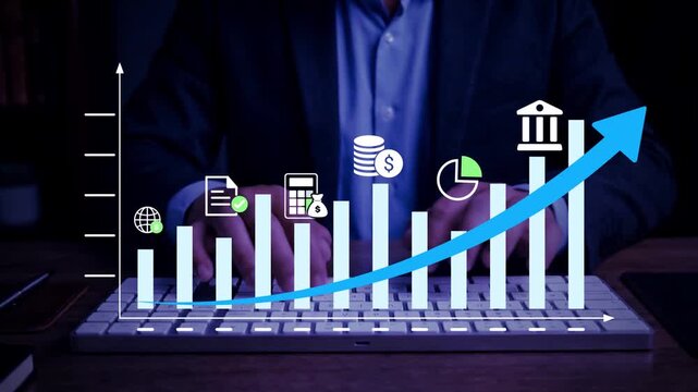 A person interacts with a digital growth chart on a laptop, showcasing financial progress and business insights through various icons and statistics for economic analysis. 4k video clip