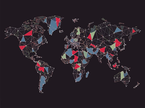 Abstract Geometric World Map with Network Connections and Low Poly Design
