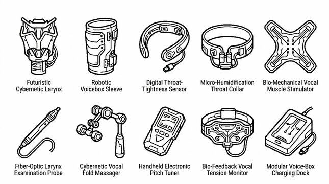 Collection of futuristic vocal health and medical technology devices in line art style.