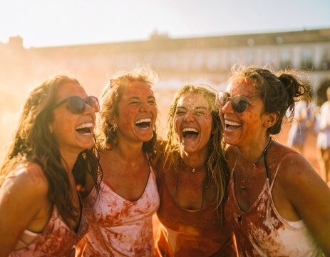 Crowds celebrating La Tomatina Festival with laughter, flying tomatoes, and unforgettable moments in Spain.