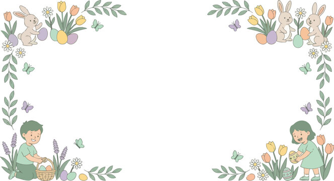 Easter spring frame illustration with cute rabbits colorful eggs flowers and happy children celebrating seasonal holiday on white background