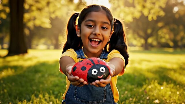Happy girl holding ladybug rock in park during golden hour