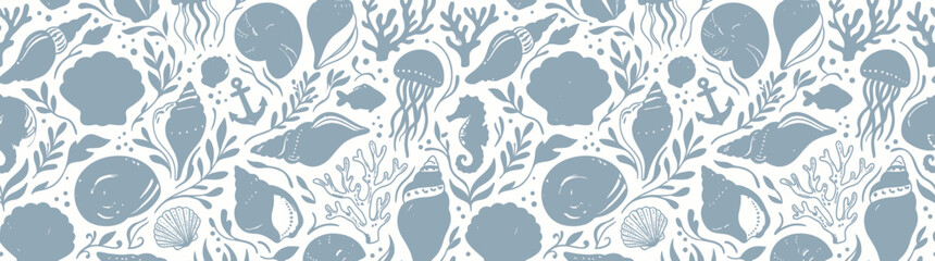 Seamless Nautical Pattern with Ocean Life Silhouettes © Inung