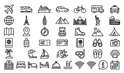 Fototapeta premium Professional Travel Line Art Icons with Editable Stroke Transportation and Tourism Vector Set