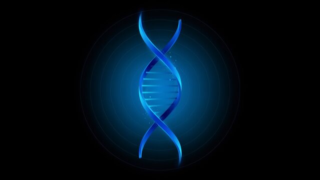 Glowing blue dna double helix strand on dark background