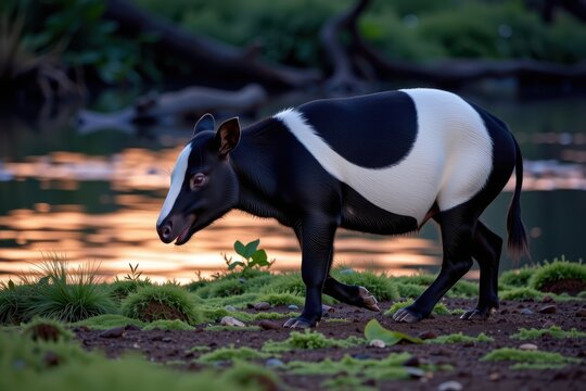 Black-and-white tapir in natural habitat near water, sunset lighting