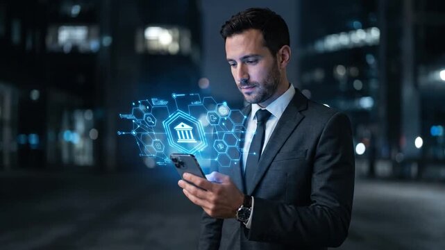 Businessman uses phone for mobile banking with hologram at night