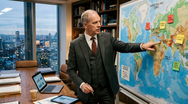 Senior analyst pointing at world map. Expert evaluating global geopolitical risk zones.