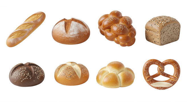 assorted baked goods on white background diverse bread types culinary food concepts