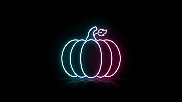 Glowing neon pumpkin outline with gradient blue and pink light on black background