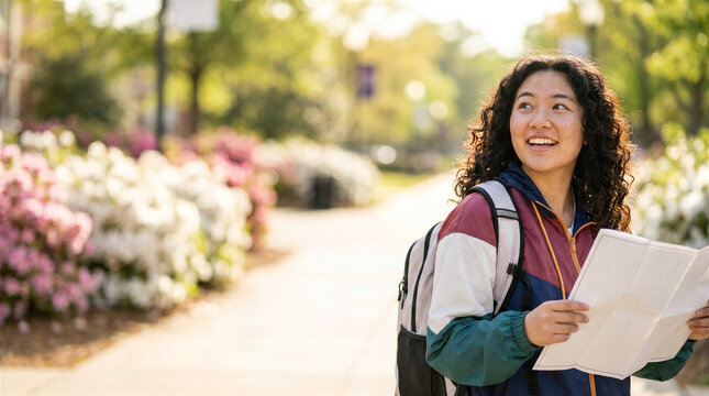 College freshmen starting university with books and backpack. Young student smiling while preparing for first day of higher education classes.