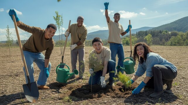 Reforestation Project with Volunteers Planting Trees