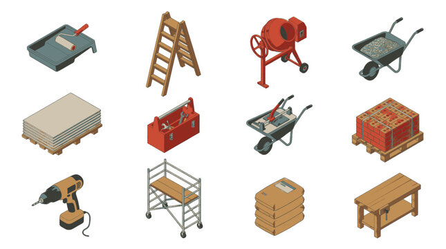 Collection of construction and DIY tools and materials, isometric view.