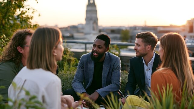 Group of people conversing on a rooftop terrace during sunset with city skyline in background