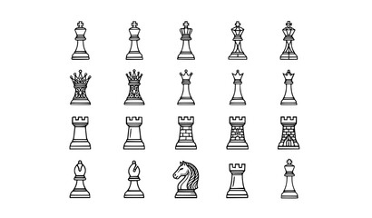Intricate Chess Pieces Line Icon Set Featuring Detailed King Queen Rook Bishop Knight and Pawn Symbols for Game Strategy and Competition Vector Designs © Mdariful