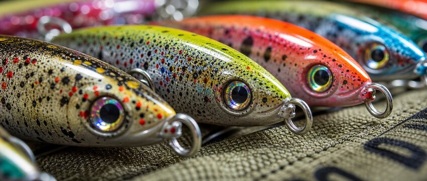 close-up of colorful speckled fishing lures with shiny eyes 
and metal rings lined up on fabric, evoking excitement and anticipation