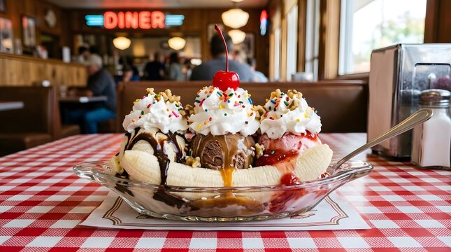 Gourmet banana split dessert served on checkered table, classic ice cream sundae with whipped cream and cherries in diner setting, perfect for national banana split day