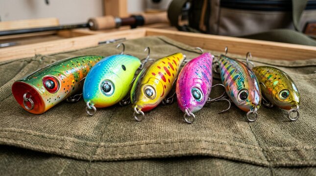 close-up of colorful speckled fishing lures with shiny eyes 
and metal rings lined up on fabric, evoking excitement and anticipation