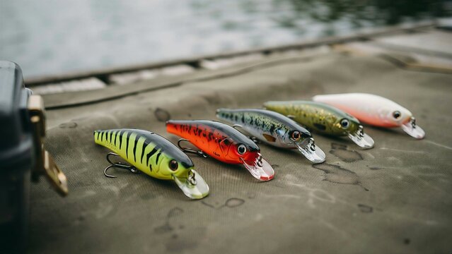 close-up of colorful speckled fishing lures with shiny eyes 
and metal rings lined up on fabric, evoking excitement and anticipation