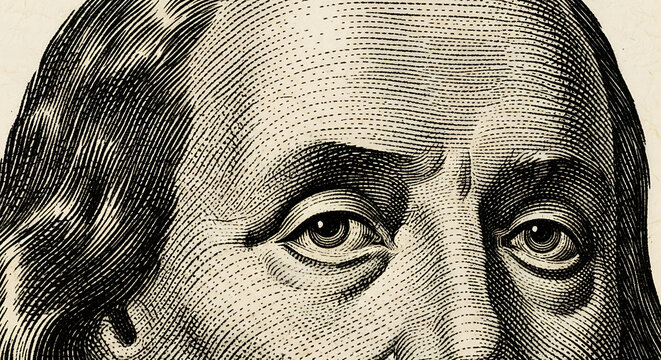 Close-up engraving of Benjamin Franklin's face, a Founding Father of the United States.