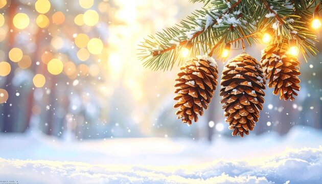 Festive winter scene with pine cones and bokeh lights.